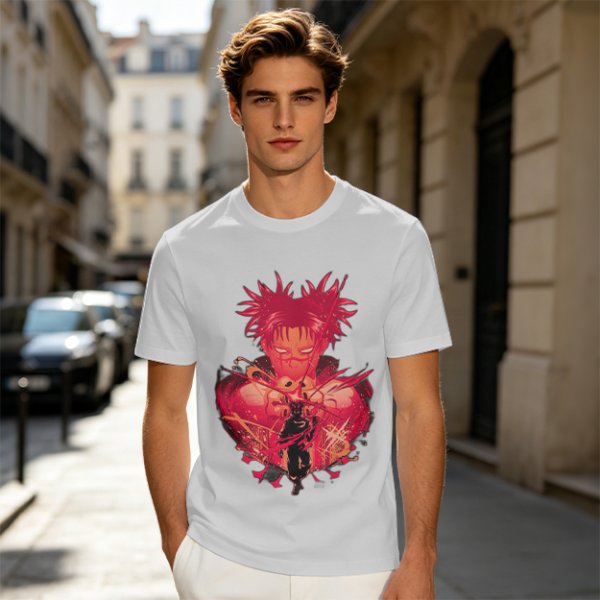 Olive Anime Graphic T-Shirt With Spiky Red Haired Character Art