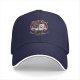 Black baseball cap with retro raccoon and cat trash can graphic
