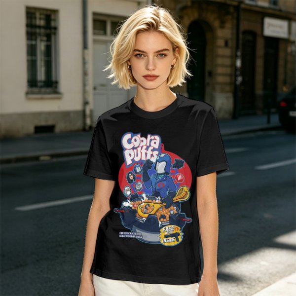 Cobra Puffs Cereal Parody T-Shirt with Villain Graphic