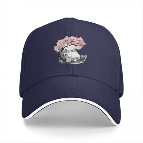 Black baseball cap with Totoro under cherry blossom tree print