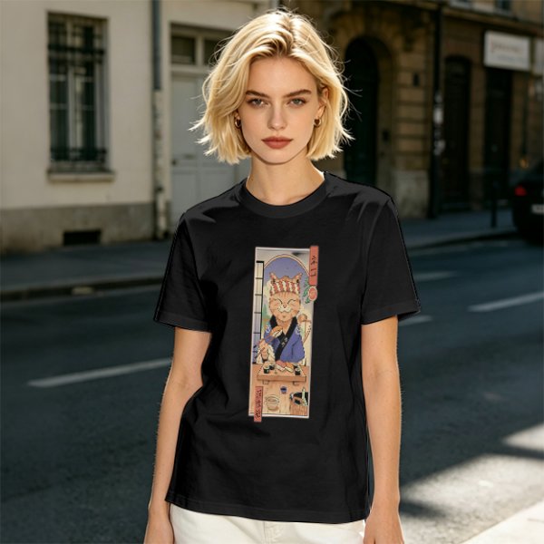 Olive T-Shirt with Japanese Style Sushi Chef Cat Print