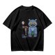 Olive T-Shirt With Whimsical Blue Cat And Mushroom Figure Print