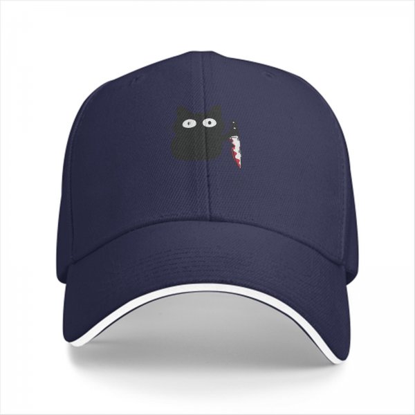 Black Baseball Cap With Cute Cat Holding Bloody Knife Print