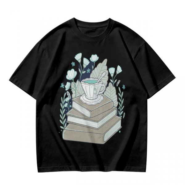 Olive T-Shirt With Stacked Books Teacup Floral Print
