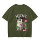 Olive T-Shirt with Punk Rock Cat Singing Microphone Graphic