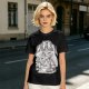 Olive graphic t-shirt with raccoon eating and 'Stop eating TRASH' print