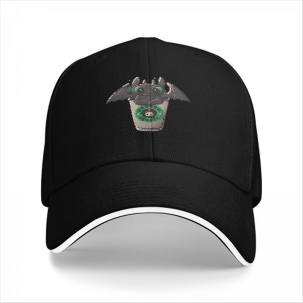 Black Baseball Cap With Toothless Dragon Coffee Cup Print