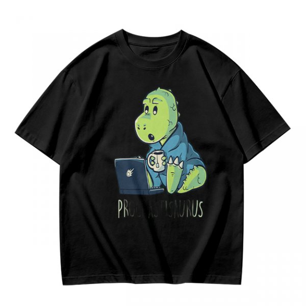 Olive t-shirt with a cartoon dinosaur working on laptop holding coffee