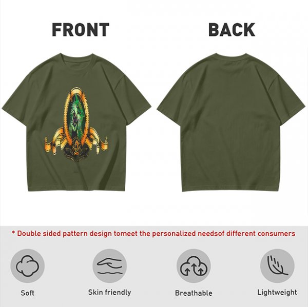 Olive Green T-Shirt With Ornate Golden Frame And Green Wolf Head Print