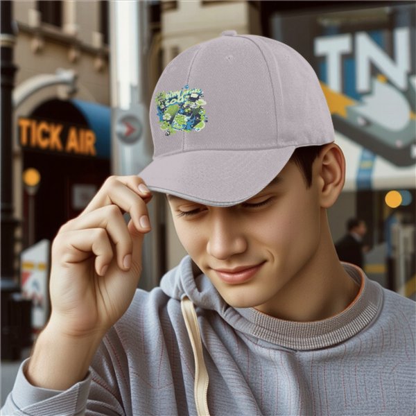 Black baseball cap with tiny drinks soda and alien graphic print