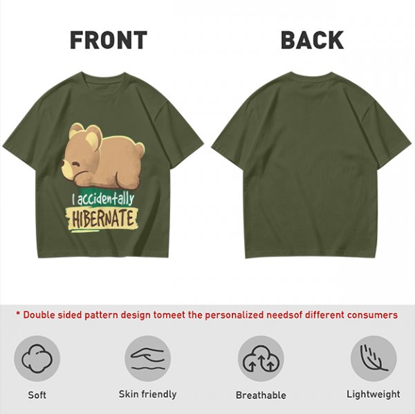 Olive t-shirt with sleeping bear and 'I accidentally hibernate' text