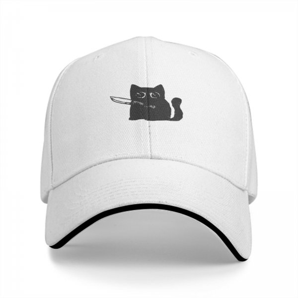 Black baseball cap with a cartoon cat holding a knife graphic