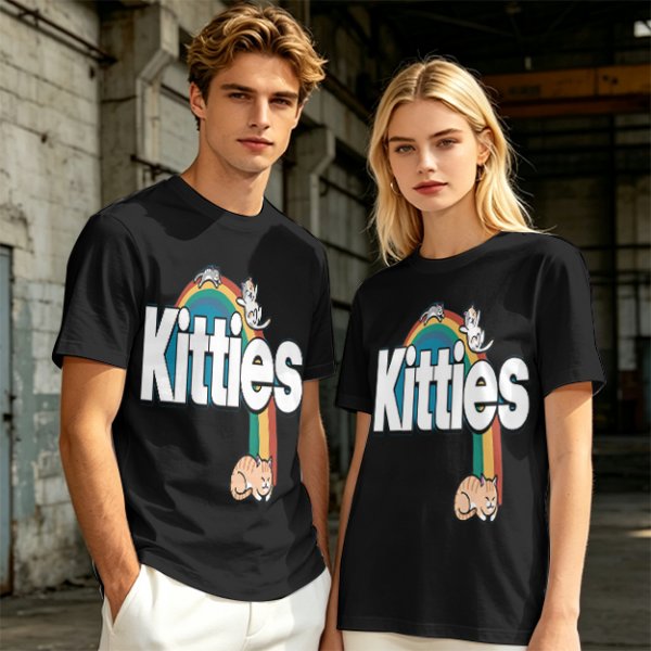 Olive Green T-Shirt With Kitties Rainbow Graphic Design