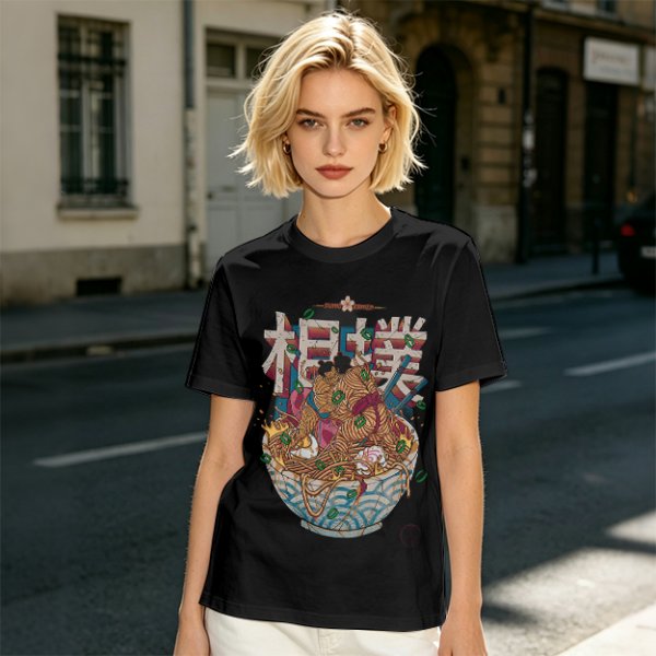 Olive T-shirt with Sumo Wrestler in Ramen Bowl Artwork