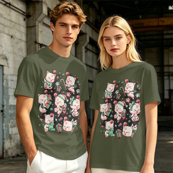 Olive Green T-Shirt With Cute Christmas Kittens And Holiday Gifts Print