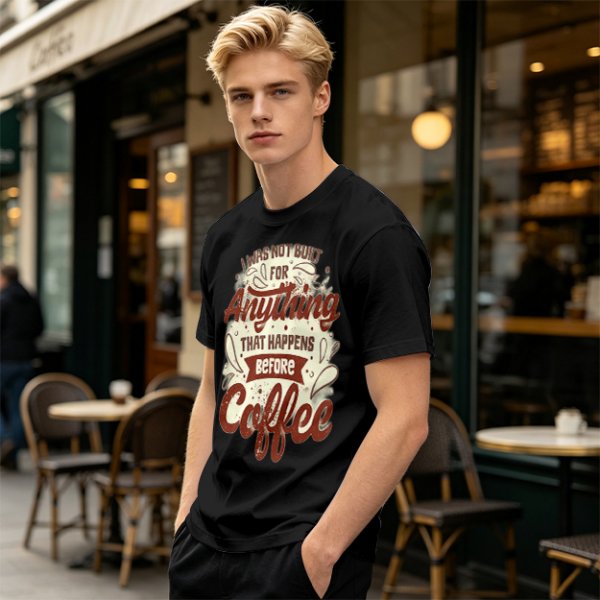 Olive t-shirt with 'I was not built for anything before coffee' print