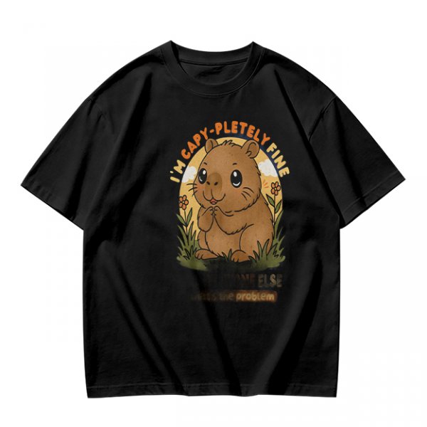 Olive t-shirt with cute capybara 'I'm capy-pletely fine' graphic