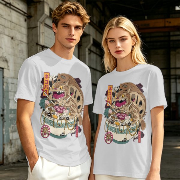 Olive t-shirt with cat bus ramen bowl graphic print