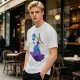 Olive T-shirt with Art Print of Girl Holding Blue Creature on Floating Rock