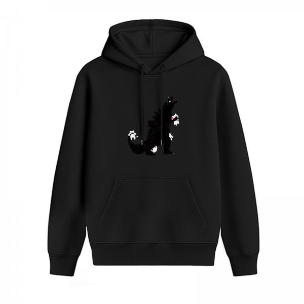 Black hoodie with playful Godzilla and cats graphic design