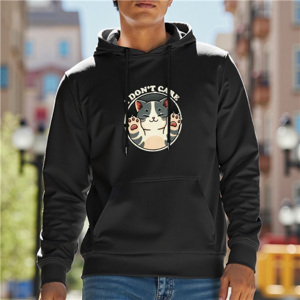 Black hoodie with a playful cat graphic and 'I DON'T CARE' text