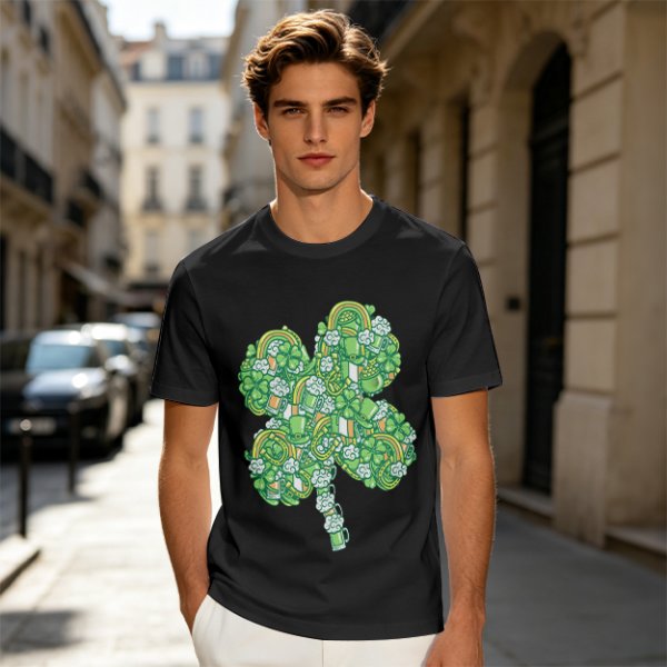 Olive Green T-Shirt With St. Patrick's Day Four-Leaf Clover Art