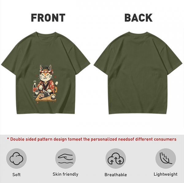 Olive T-Shirt Featuring a Cute Cat Sushi Chef Illustration
