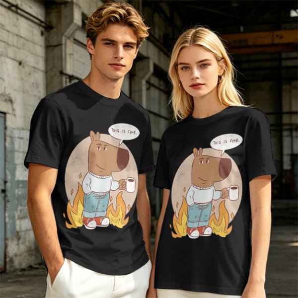 Olive T-Shirt Featuring the 'This Is Fine' Dog Meme Art