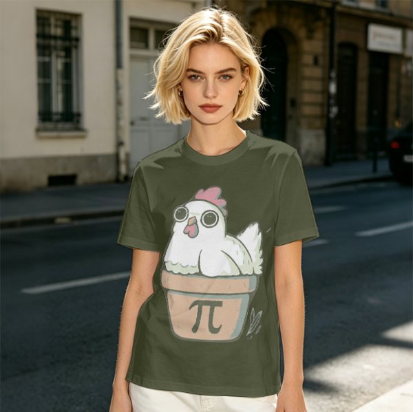 Olive T-Shirt With Cute Chicken In Pi Pot Graphic