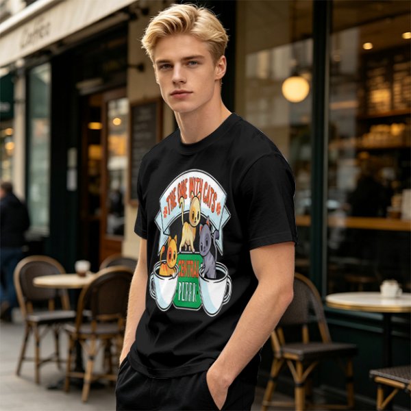 Olive green t-shirt with cat coffee cup graphic and playful text design
