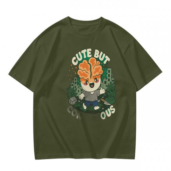 Olive t-shirt with cute brain character and 'Cute But Ous' print