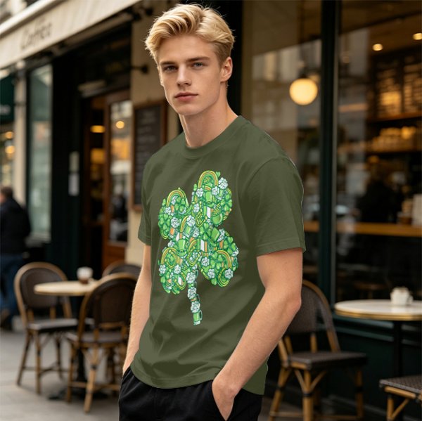 Olive Green T-Shirt With St. Patrick's Day Four-Leaf Clover Art