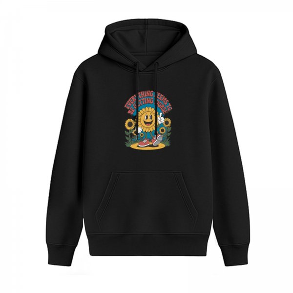 Black Hoodie With Retro Sunflower Mascot Graphic And Text