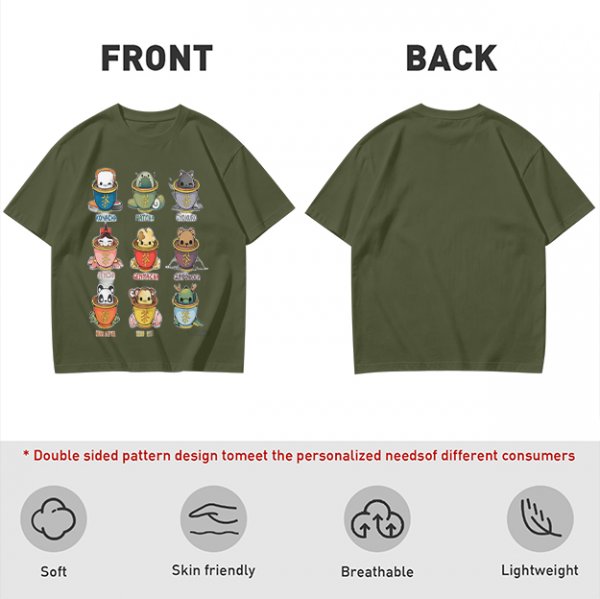 Olive T-Shirt With Cute Animal Teacup Character Print