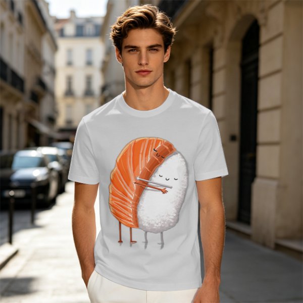 Olive T-shirt with Cute Hugging Salmon Sushi and Rice Print