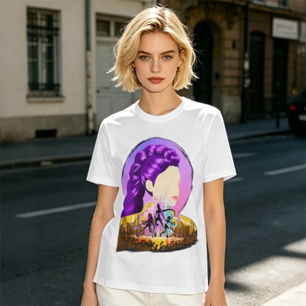 Olive T-Shirt With Purple Haired Woman And Concert Stage Print