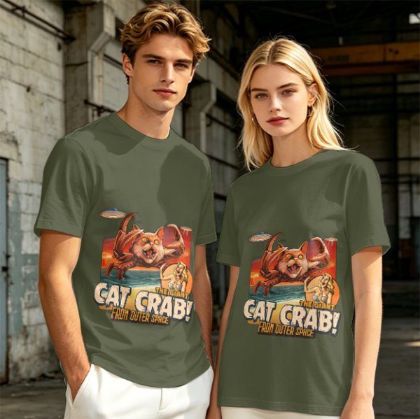 Olive T-Shirt Featuring The Giant Cat Crab From Outer Space Graphic