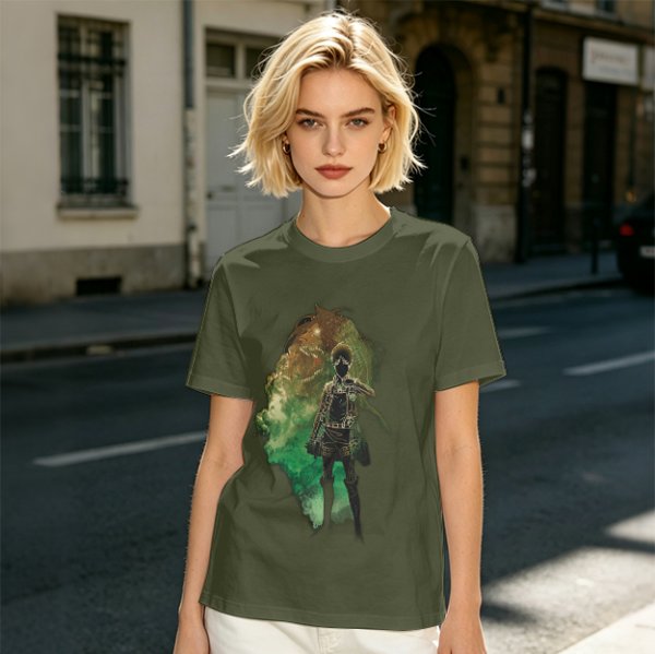 Olive Anime Graphic T-Shirt With Warrior And Giant Artwork