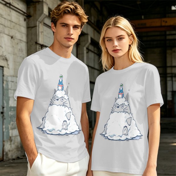 Olive T-shirt with Totoro in Snow and Small Blue Creature Print