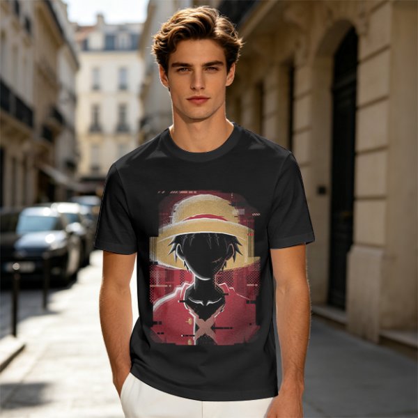 Olive T-shirt with Glitch Art Monkey D Luffy Straw Hat Print