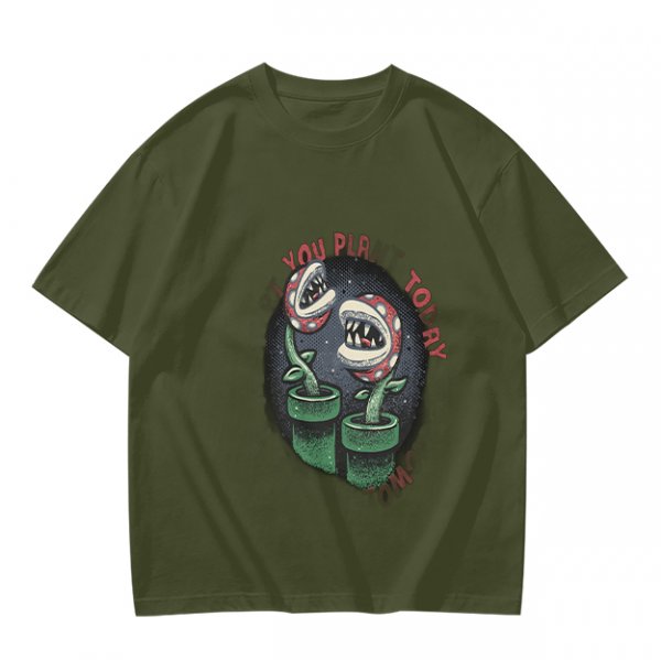 Olive T-shirt with Piranha Plant Graphic and 'You Plant Today' Text