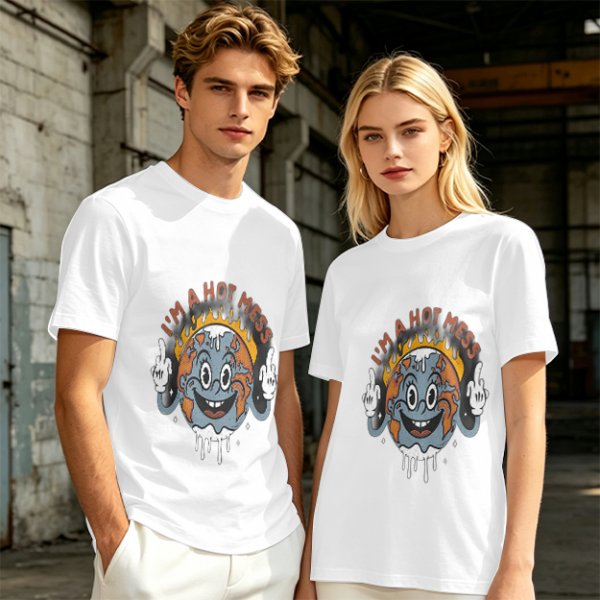 Olive t-shirt with 'I'm a Hot Mess' melting earth graphic