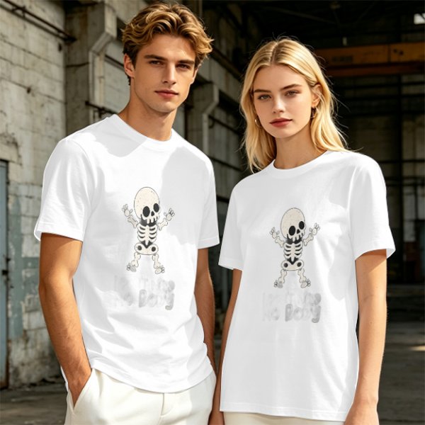 Olive green t-shirt with cute cartoon skeleton graphic