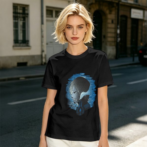 Olive T-Shirt With Anime Character Profile In Blue Cosmic Print