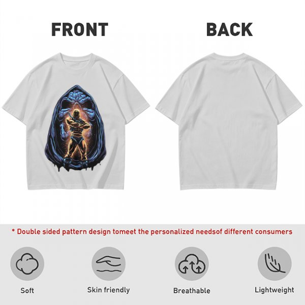 Olive T-Shirt with Muscular Hero Emerging from Hooded Figure Art