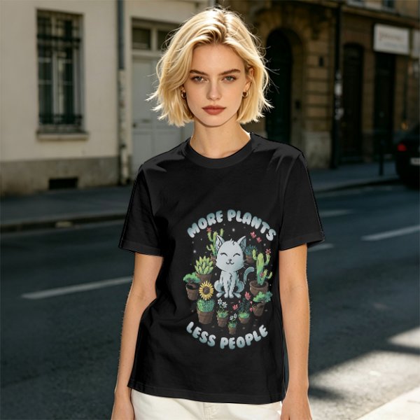 Olive T-shirt with 'More Plants Less People' Cat and Succulent Print