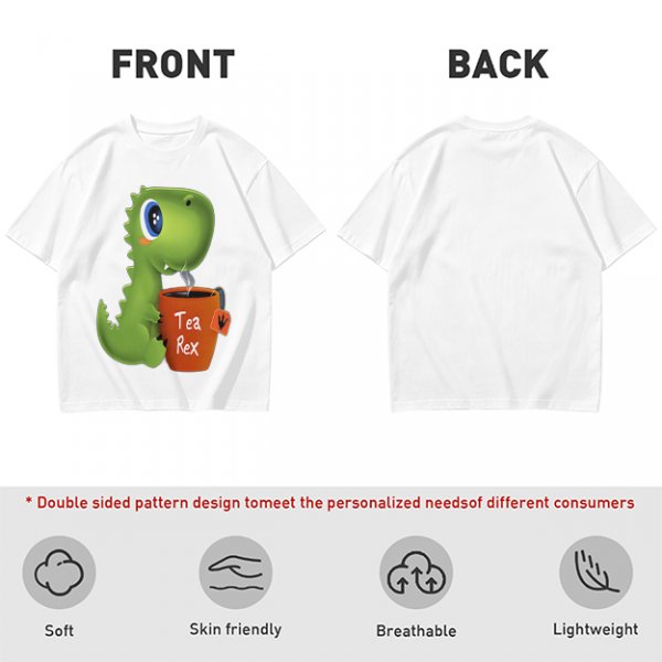 Olive green t-shirt with cute Tea Rex dinosaur holding a steaming tea mug