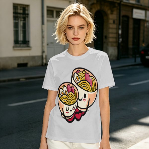 Olive T-Shirt With Cute Hugging Ramen Bowl Couple Print