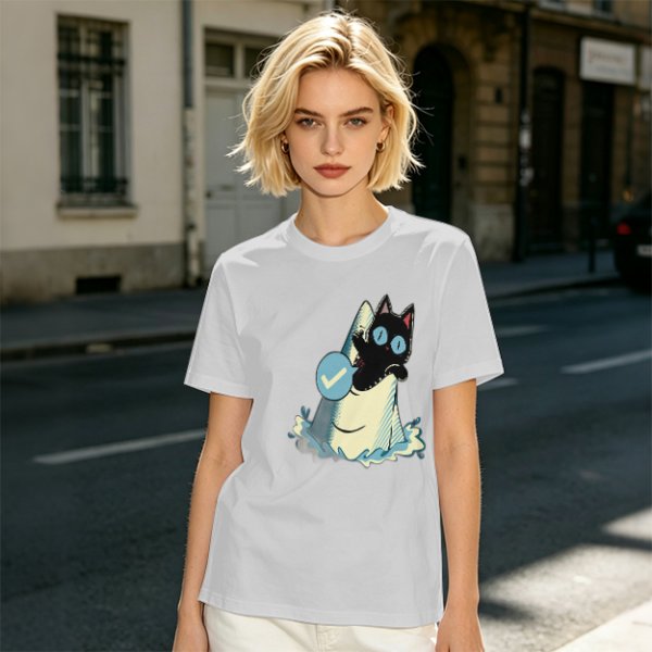 Olive T-Shirt With Black Cat Emerging From Wave Check Mark Print