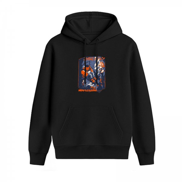 Black hoodie with anime-style loading graphic print